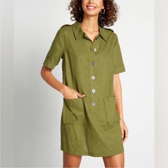 Modcloth Dresses & Skirts - Modcloth NWT Avocado Green Linen Blend 60s Retro Button Up Pocket Shift Dress M